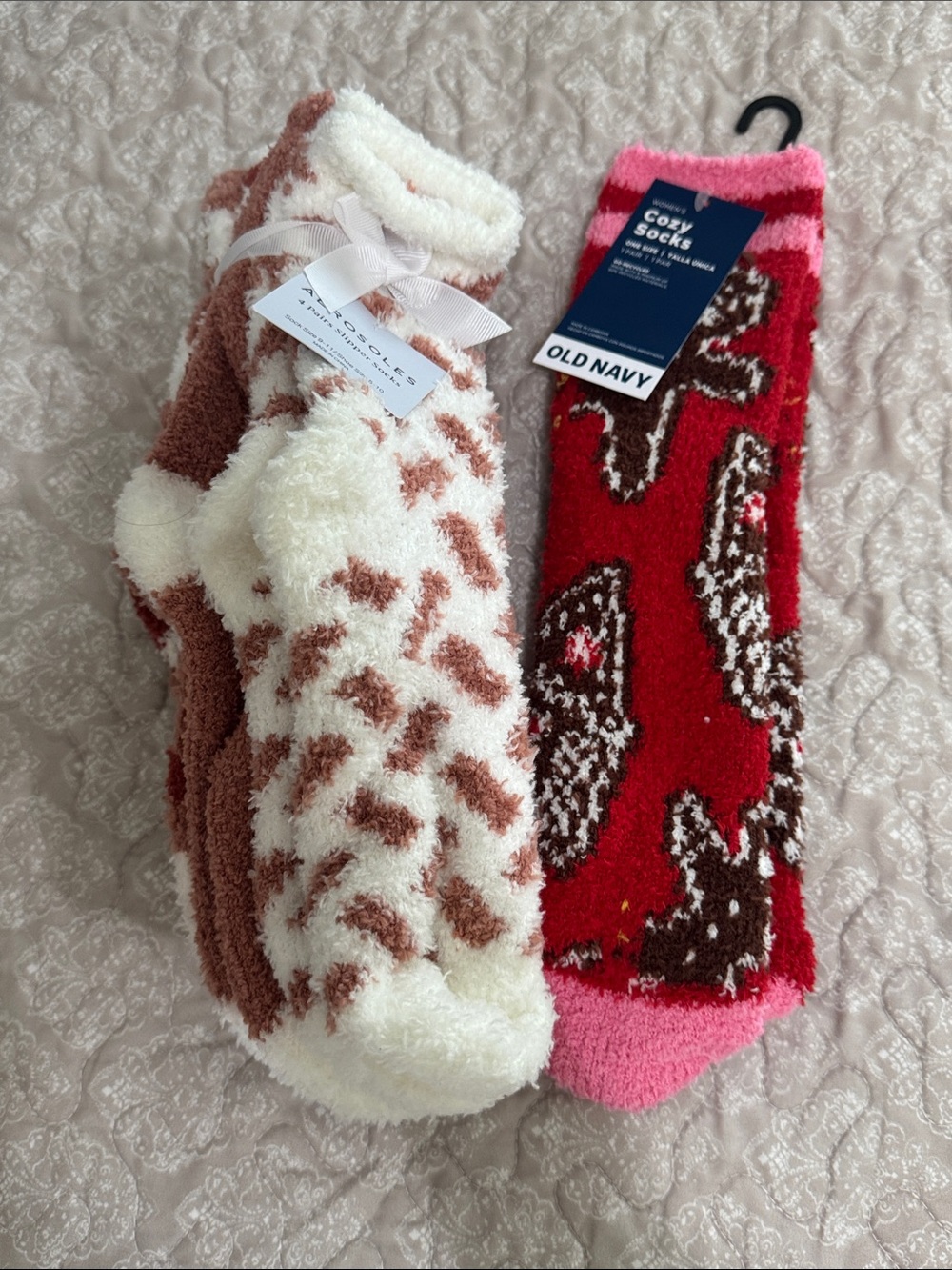 Old Navy Cozy Fuzzy Socks - Cream, Brown & Red Pink Holiday Pair